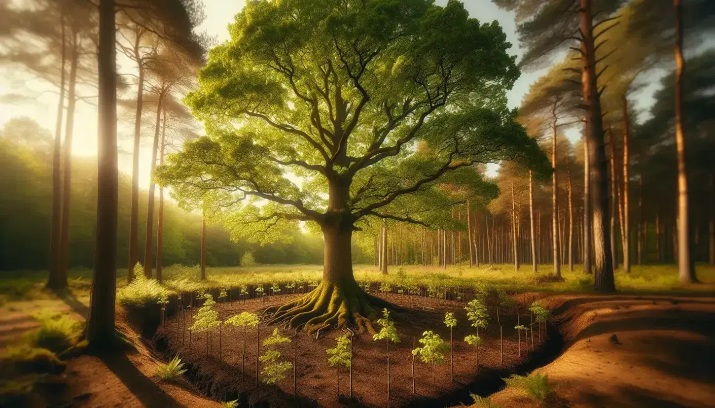 Mature oak tree with thick trunk and green canopy, roots in rich soil, surrounded by young saplings in a sun-dappled forest clearing.