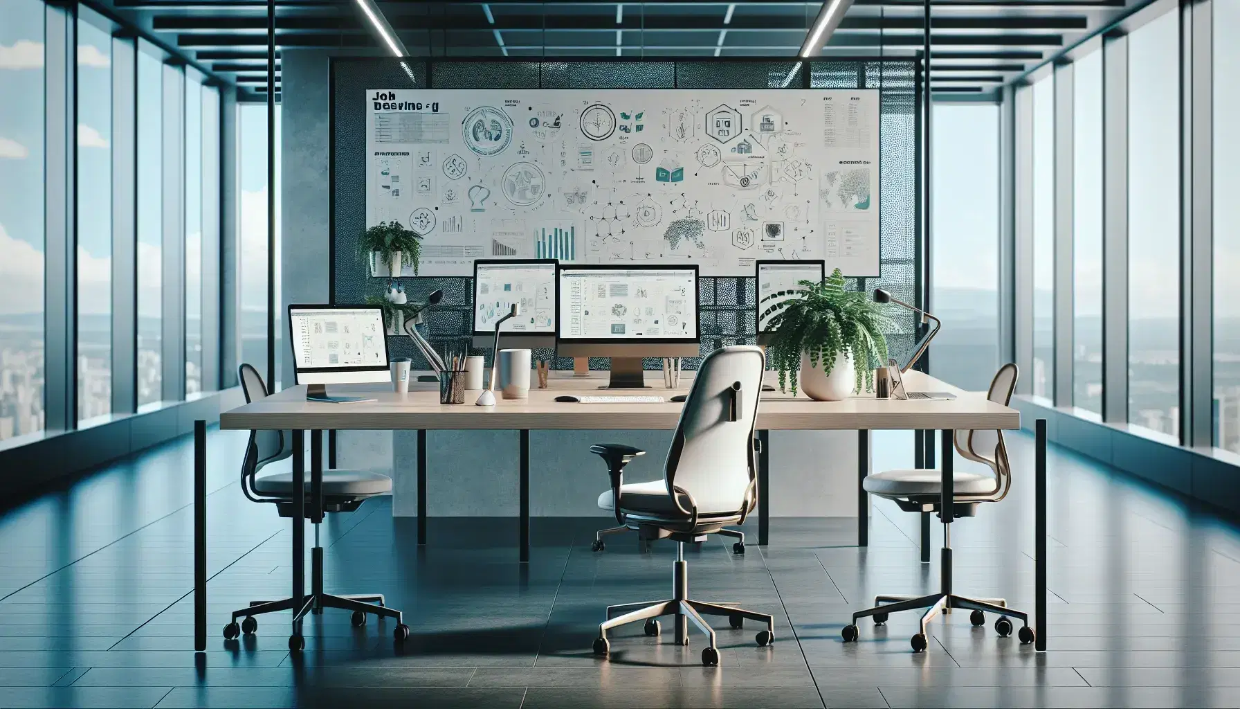 Modern office with ergonomic workstation, collaborative round table, and innovative standing desk with treadmill, bathed in natural light.