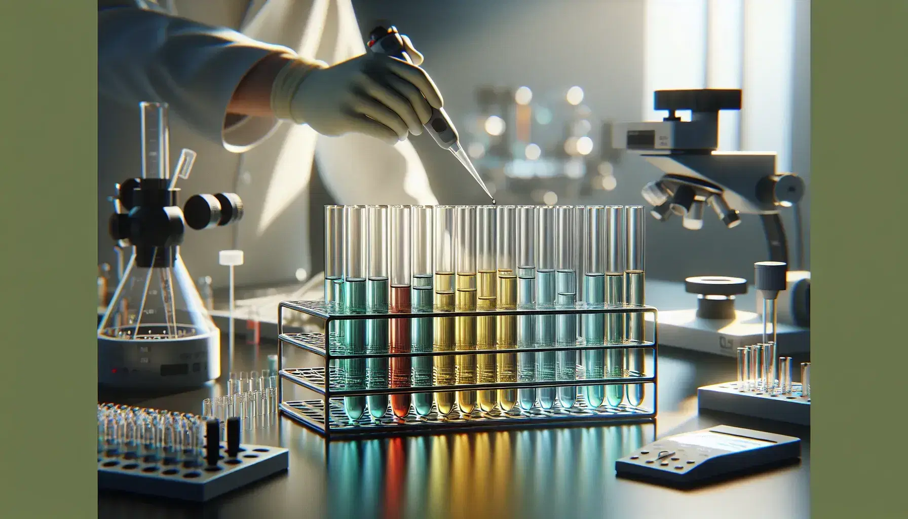 Primer plano de tubos de ensayo con líquidos de colores en gradilla de laboratorio, figura en segundo plano usando pipeta automática, con equipo de laboratorio como microscopio y temporizador digital.