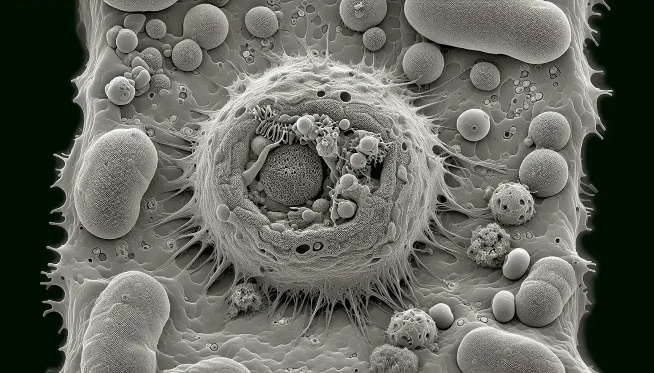 Micrografía electrónica de transmisión en escala de grises mostrando la ultraestructura de una célula eucariota con núcleo, nucleolo, retículo endoplásmico, ribosomas, mitocondrias y membrana plasmática.