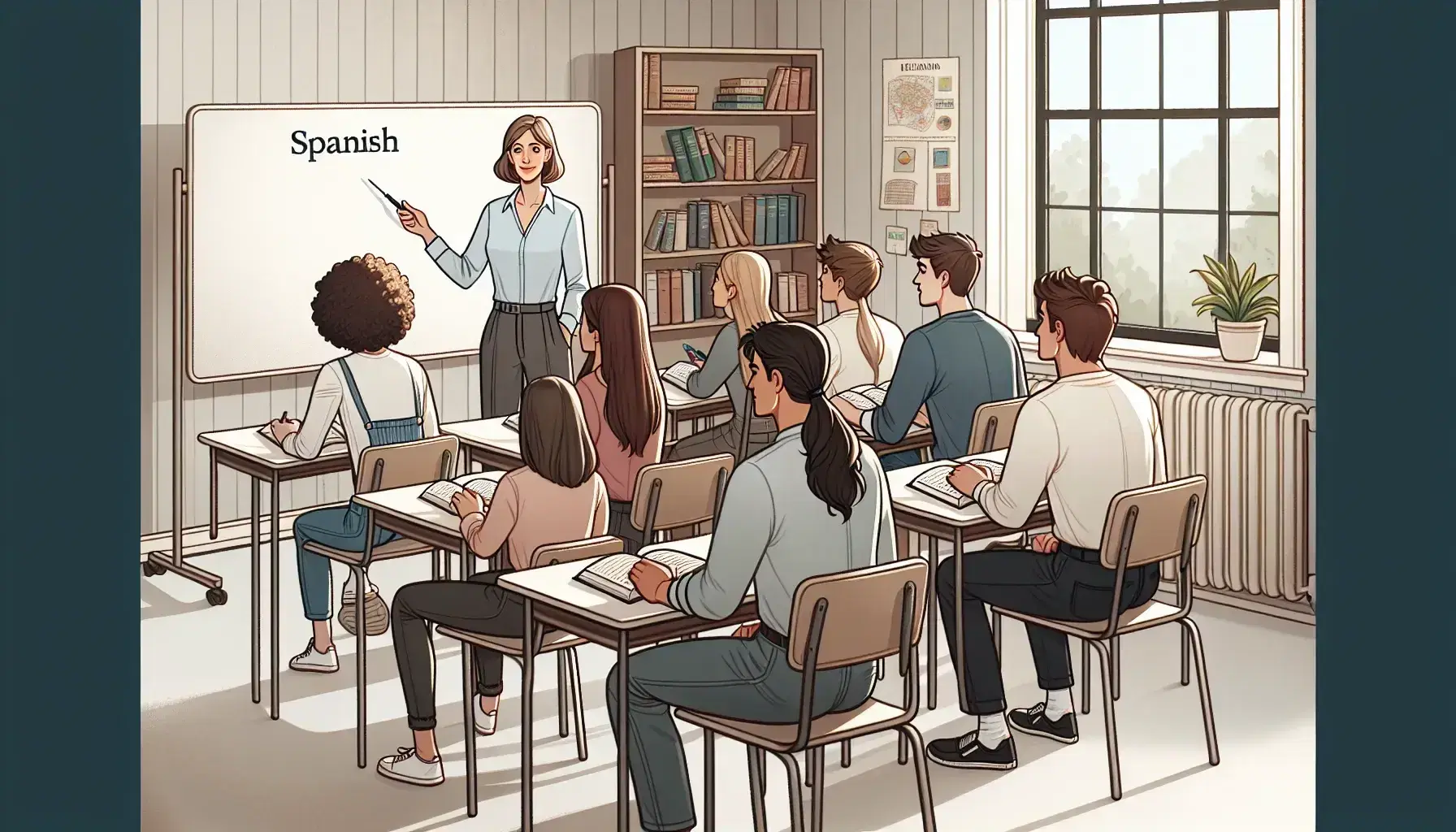 Middle-aged teacher in a light blue shirt gestures to a whiteboard during a Spanish lesson, with diverse students seated in a semicircle, taking notes.