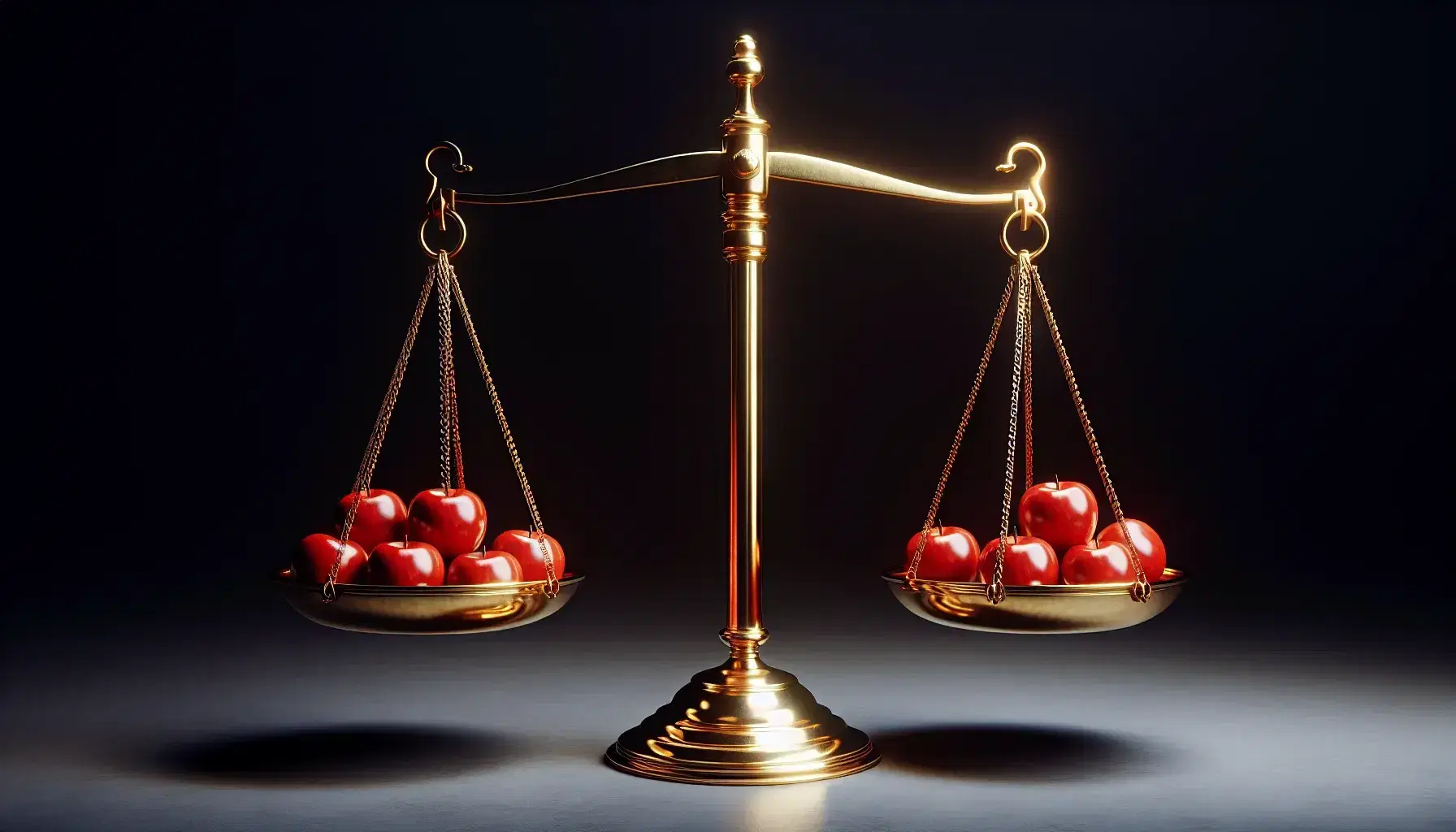 Balanced golden scales with leaning plates containing red apples on the left and green apples on the right on a cream-taupe gradient background.