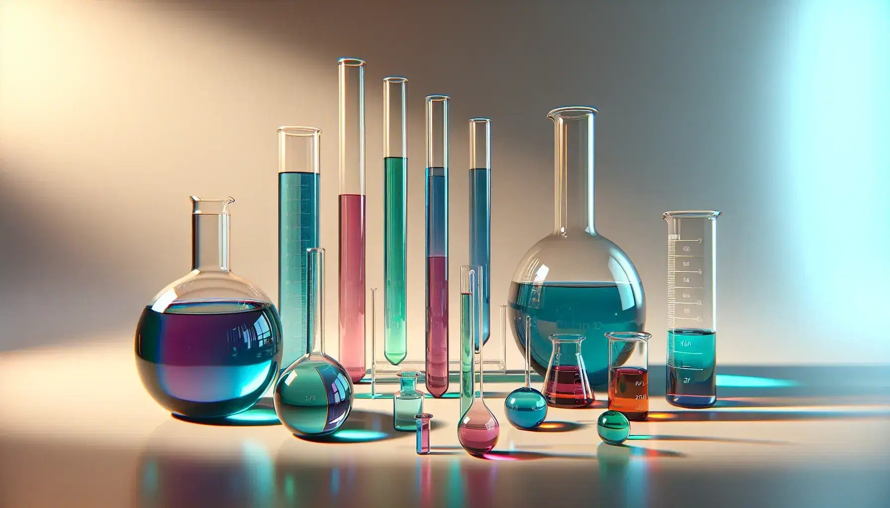 Serie di contenitori in vetro con liquidi colorati su superficie chiara, da provetta blu a fiasco Erlenmeyer viola, senza bolle o sedimenti.