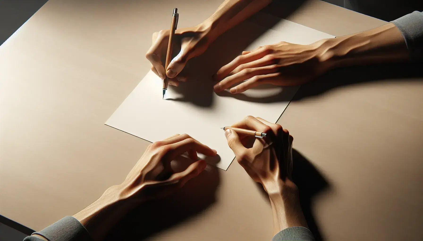 Manos enfrentadas sobre mesa de madera, una sosteniendo un bolígrafo y la otra un papel en blanco, listas para escribir.