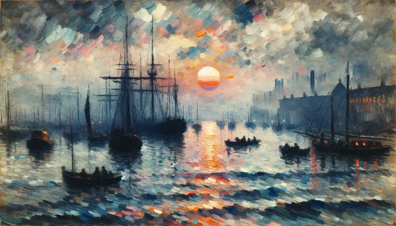 Scena marittima all'alba con cielo sfumato da blu a grigio e tocchi di arancione, silhouette di barche in primo piano e sfondo di edifici portuali.