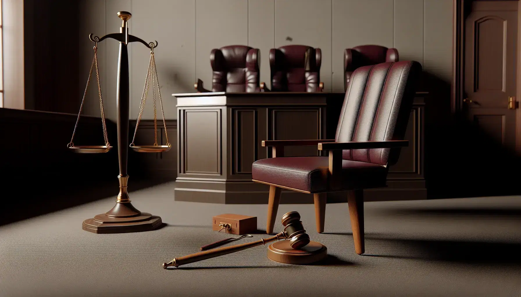 Courtroom with dark wood witness stand, gavel on sound pad, burgundy leather chairs and golden scales of justice.