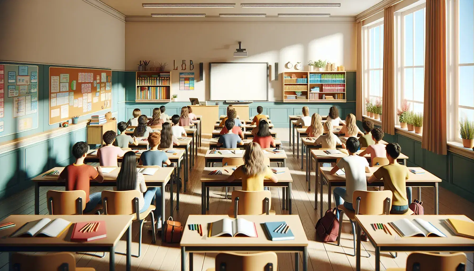 Aula escolar colorida con estudiantes concentrados en sus tareas, pupitres de madera con cuadernos, pizarra blanca vacía y estantería con libros.