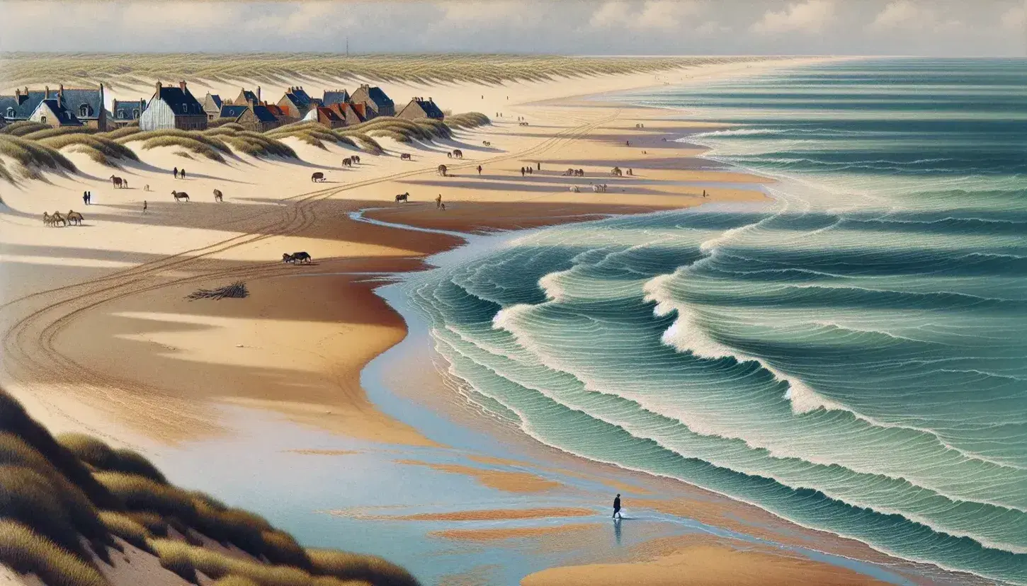 Serene French coastal scene with gentle waves on a sandy beach, dunes with marram grass, traditional houses, and a contemplative lone figure at dusk.