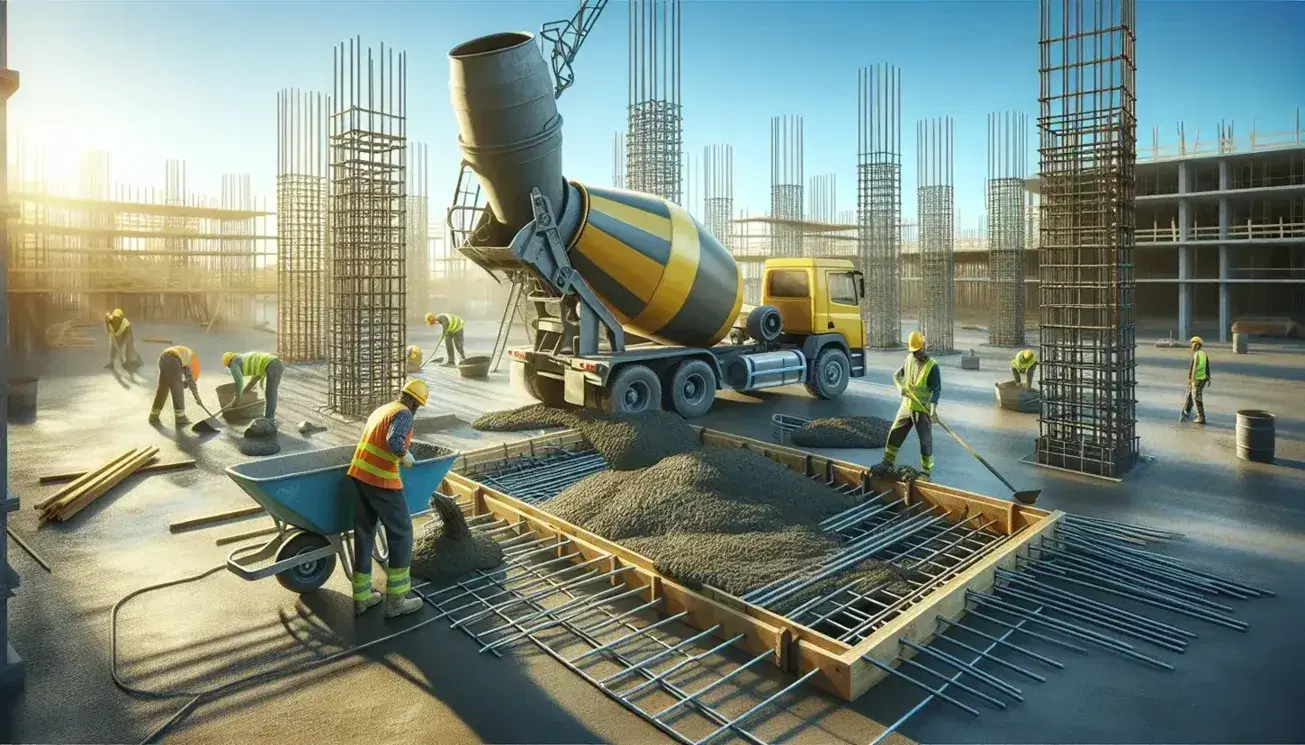 Sitio de construcción con mezcladora de cemento amarilla, trabajadores vertiendo concreto y nivelando la base para una estructura, bajo un cielo azul claro.