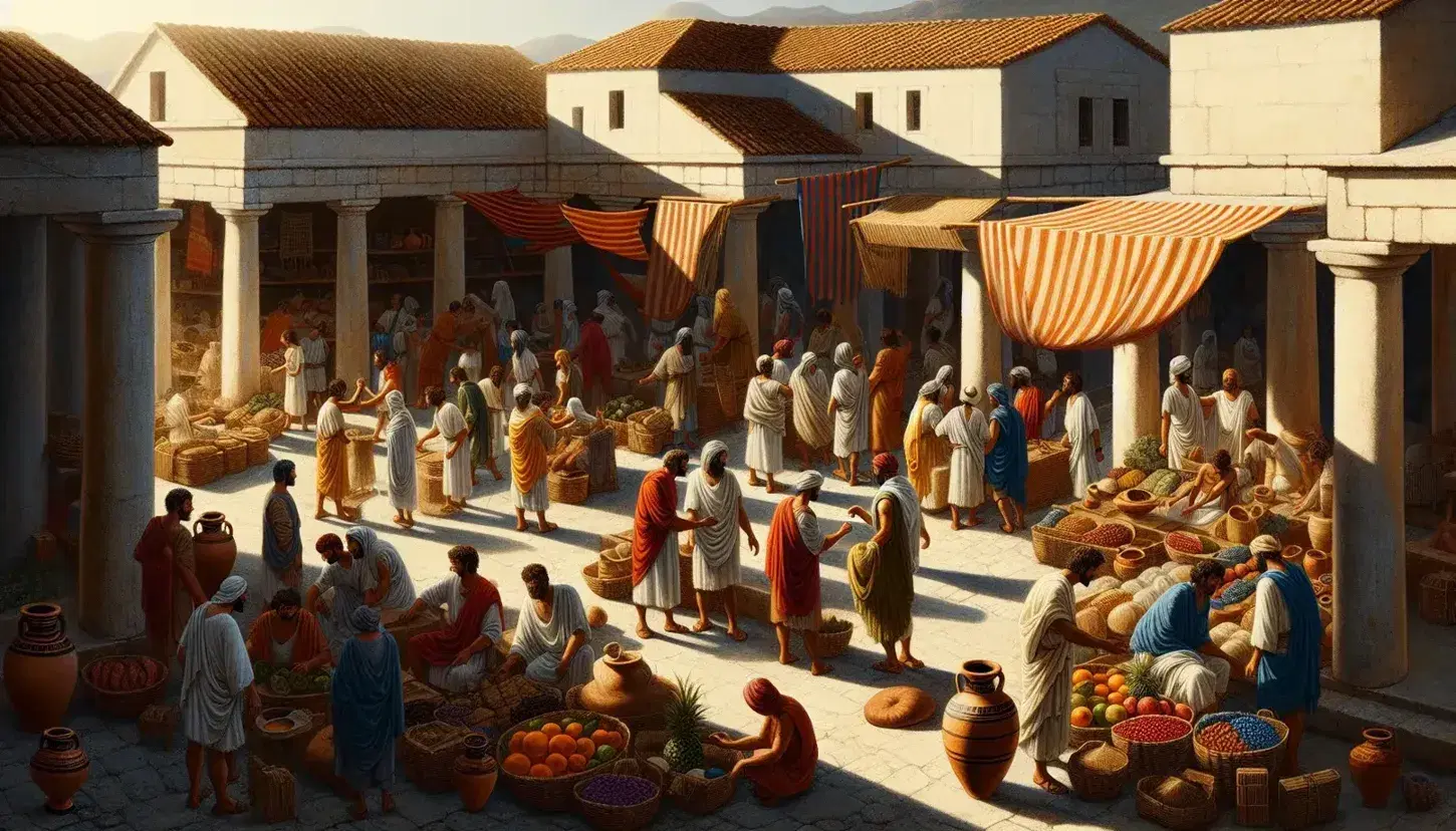 Mercato coloniale greco antico con persone in tuniche colorate, banchi di frutta, anfore e asino carico, sotto cielo azzurro.