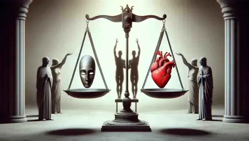 Bilancia antica in equilibrio con piatti uguali, maschera teatrale neutra e cuore rosso simboleggiano emozioni umane e amore, figure sfocate e gruppo solidale.