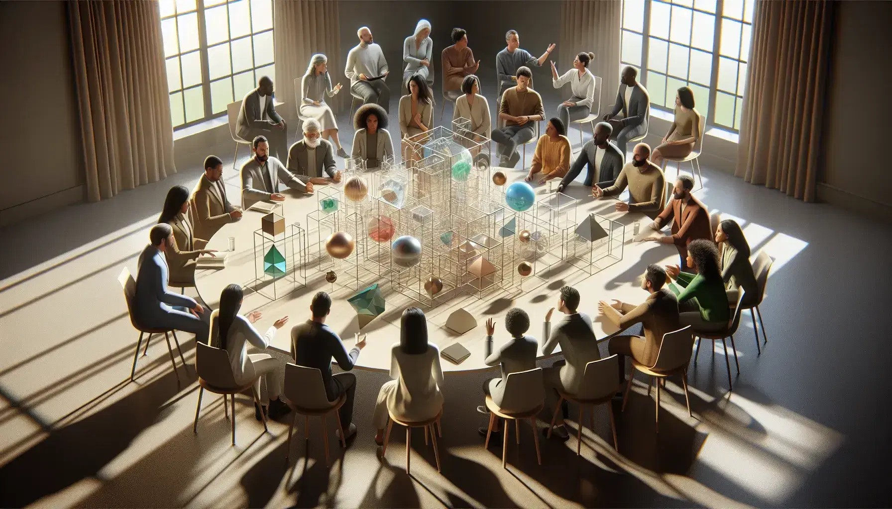 Diverse group of people of different ethnicities discuss around a round table with translucent geometric shapes in a neutral toned room.
