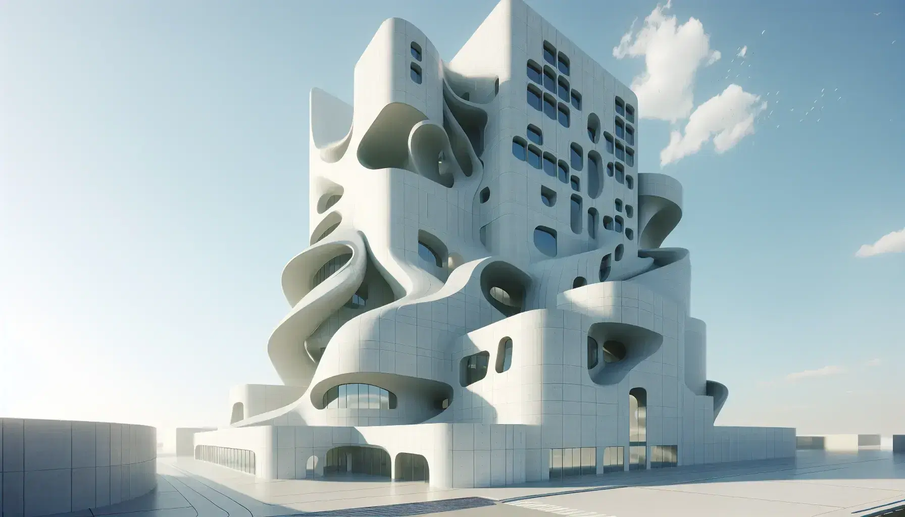 Estructura arquitectónica futurista con curvas entrelazadas en blanco, torre sinuosa y ventanas irregulares bajo un cielo azul con nubes dispersas.