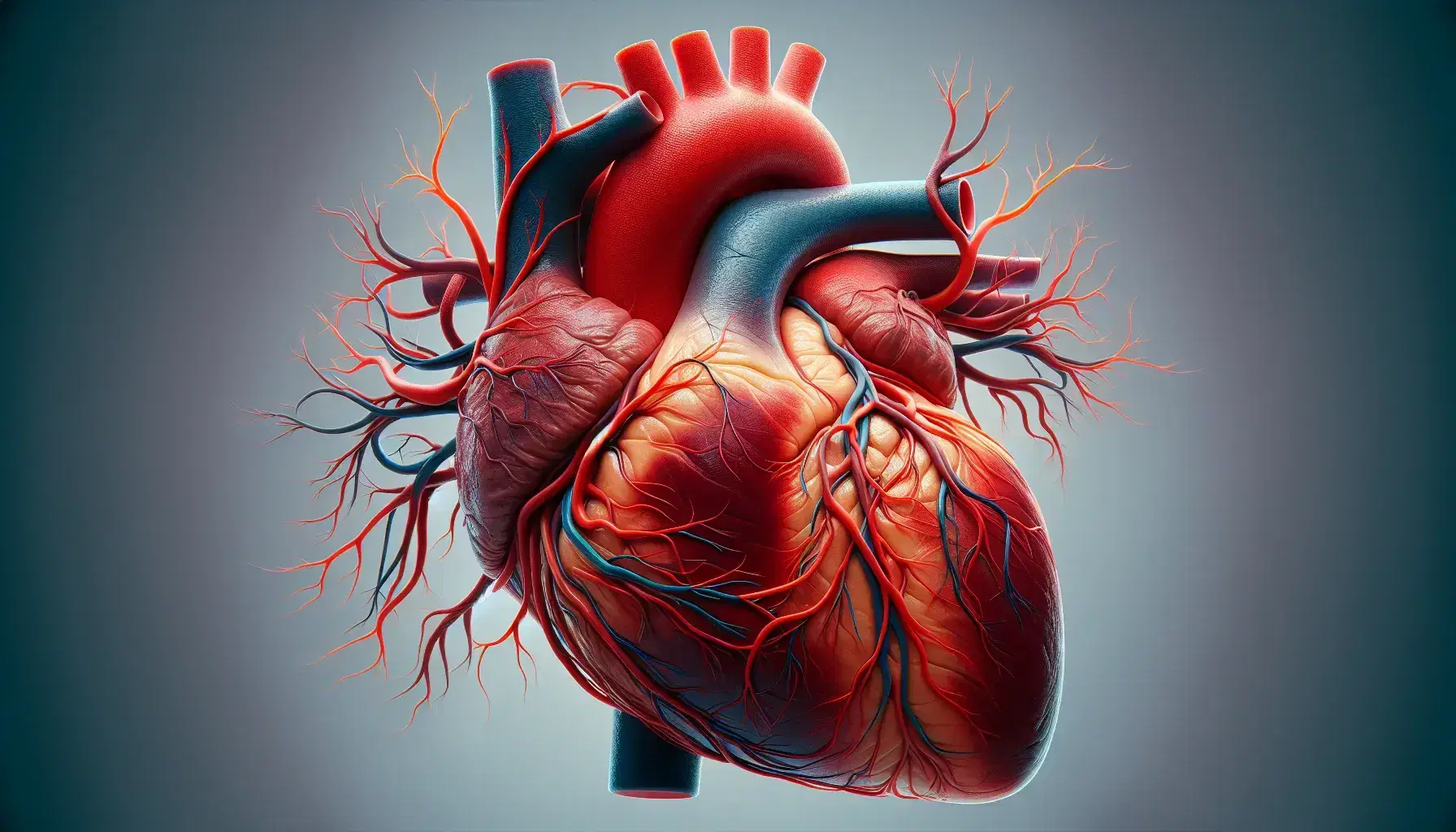 Modelo anatómico detallado de corazón humano con arterias rojas y venas azules, resaltando la textura del músculo cardíaco en fondo neutro.
