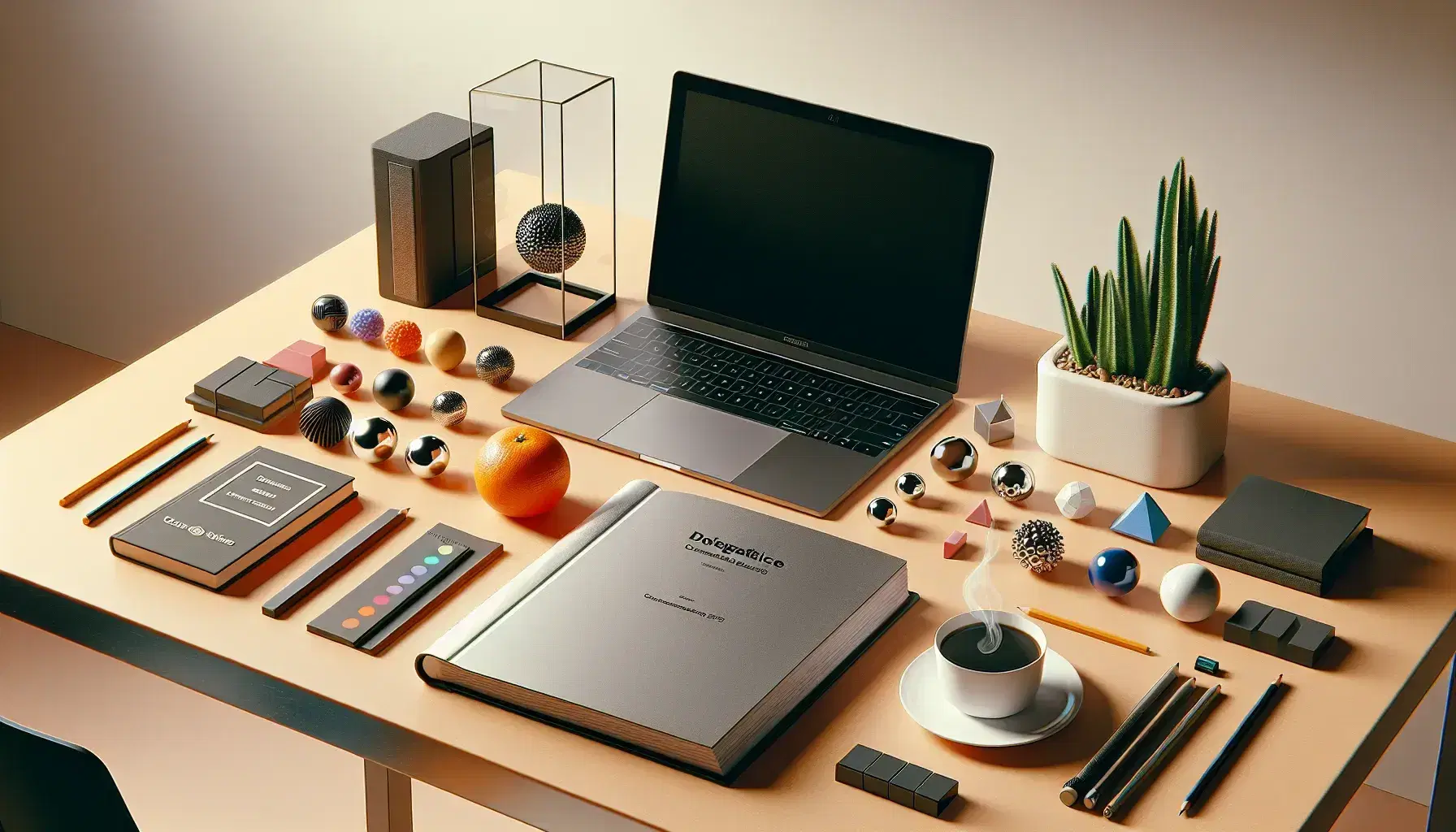 Tidy desk with modern laptop, cup of steaming coffee, open book, various objects such as orange and blue cube, in illuminated studio environment.