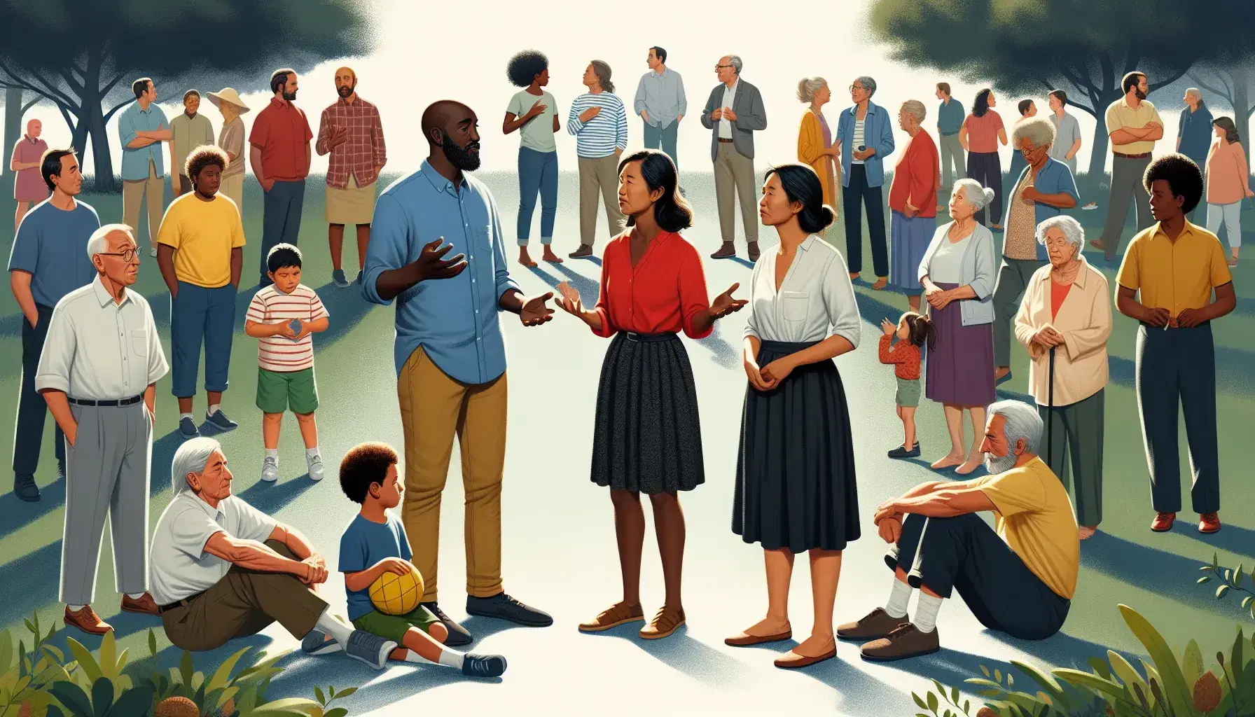 Multiethnic group in semicircle in park, African man explains to Asian woman, child plays, elderly couple observes, blue sky with trees.