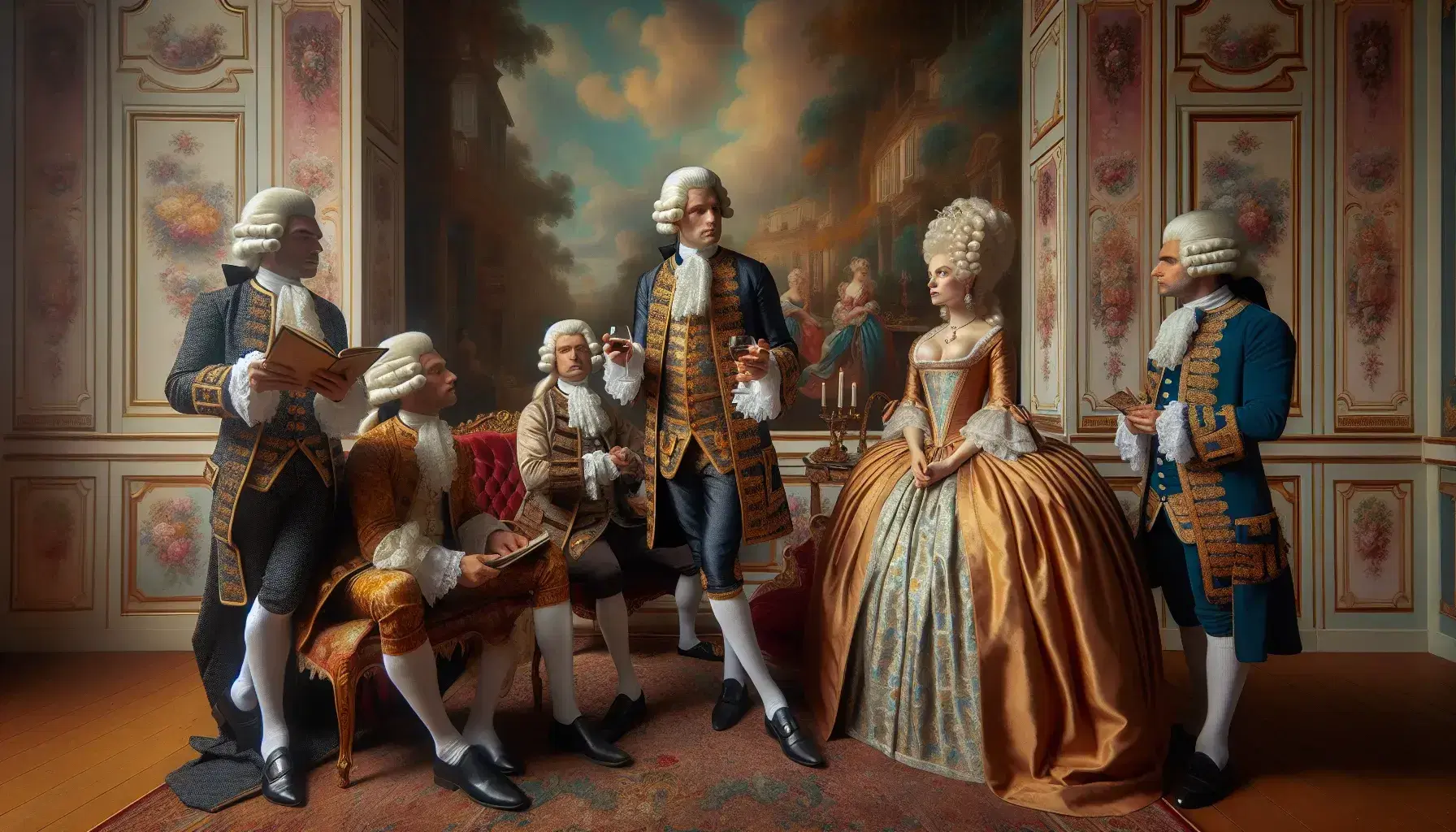 Scena di vita aristocratica del XVIII secolo in salotto d'epoca con persone in abiti storici, arredi lussuosi e dettagli raffinati.