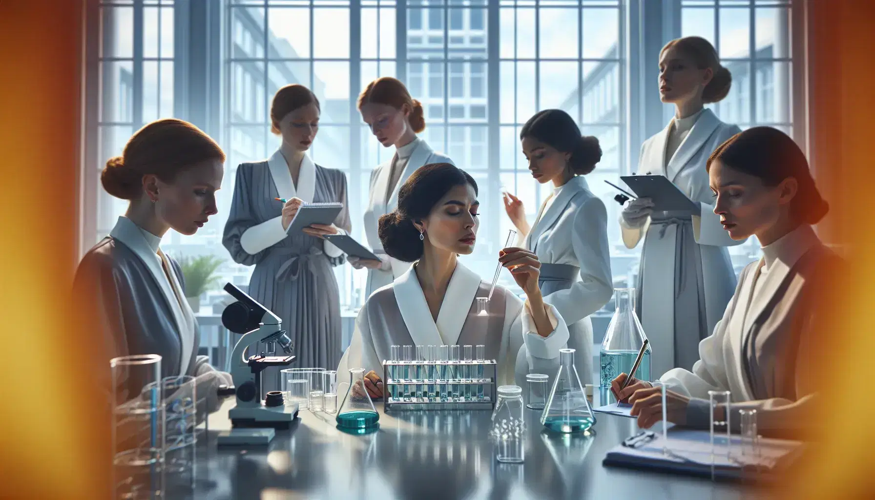 Gruppo di donne diverse in laboratorio scientifico moderno, analizzando campioni e registrando dati, ambiente professionale e luminoso.