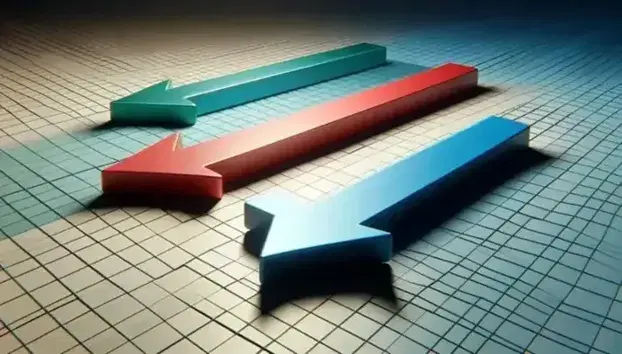 Flechas tridimensionales en azul, rojo y verde apuntando en distintas direcciones sobre fondo de malla gris en perspectiva.
