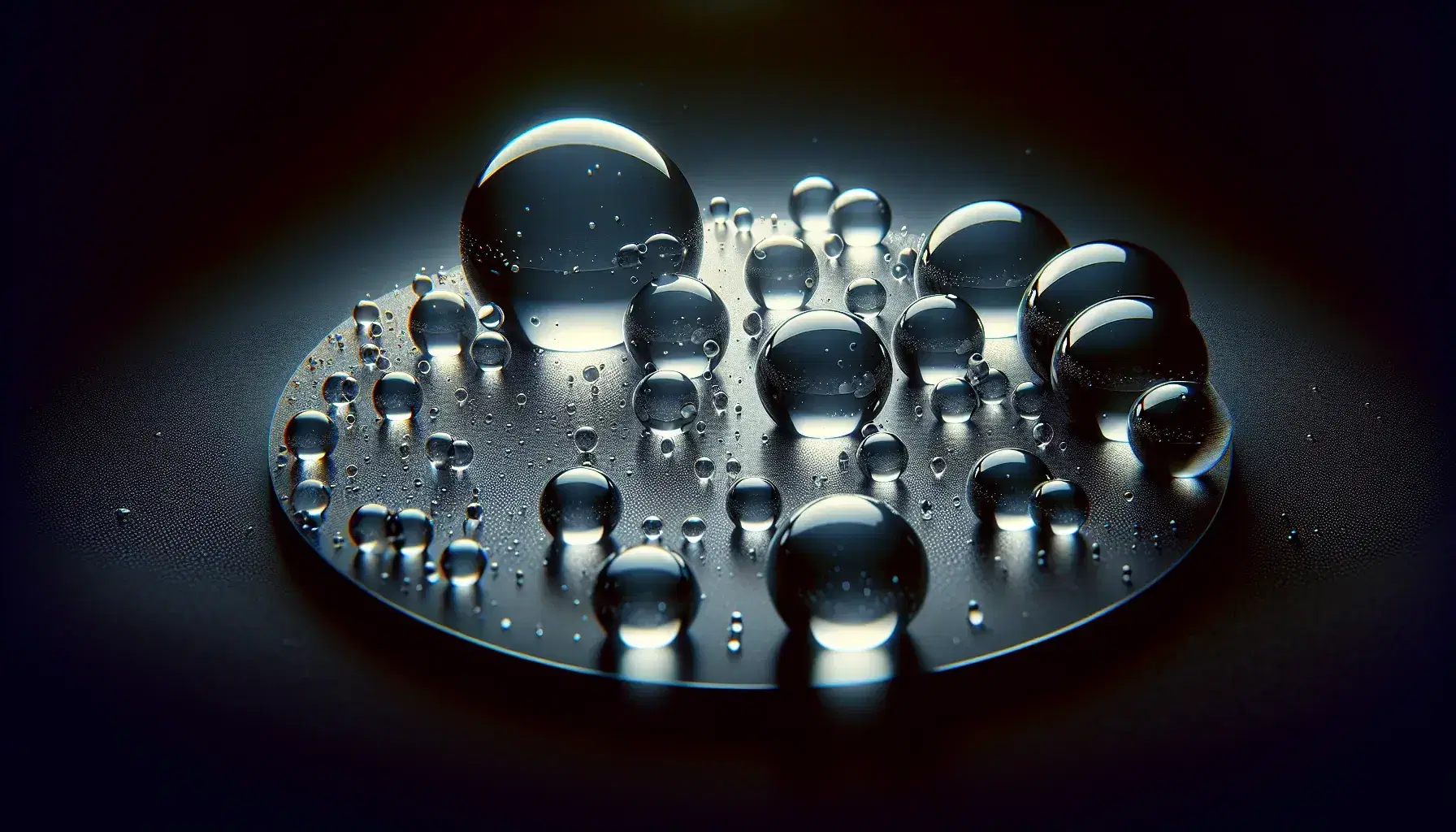 Gotas de agua de distintos tamaños sobre superficie lisa y oscura, reflejando la luz y creando un efecto de halo, sin elementos distractores.