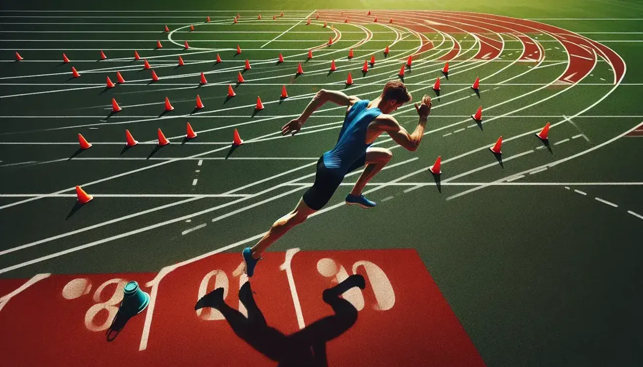Atleta in maglia blu e pantaloncini neri corre su pista di atletica rossa con coni arancioni, campo verde e cielo azzurro.