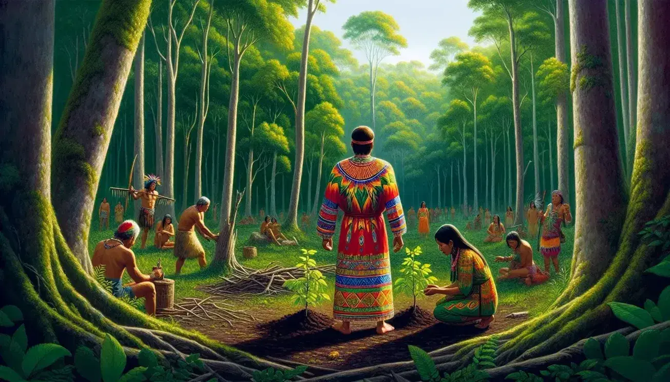 Indigenous people in traditional tunics engage in cultural activities in a vibrant forest clearing, planting trees and weaving under a sun-dappled canopy.