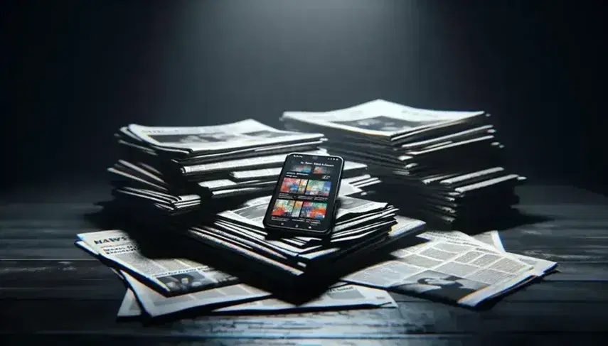 Mucchio disordinato di giornali in bianco e nero su tavolo scuro con smartphone moderno che mostra app di notizie colorata.