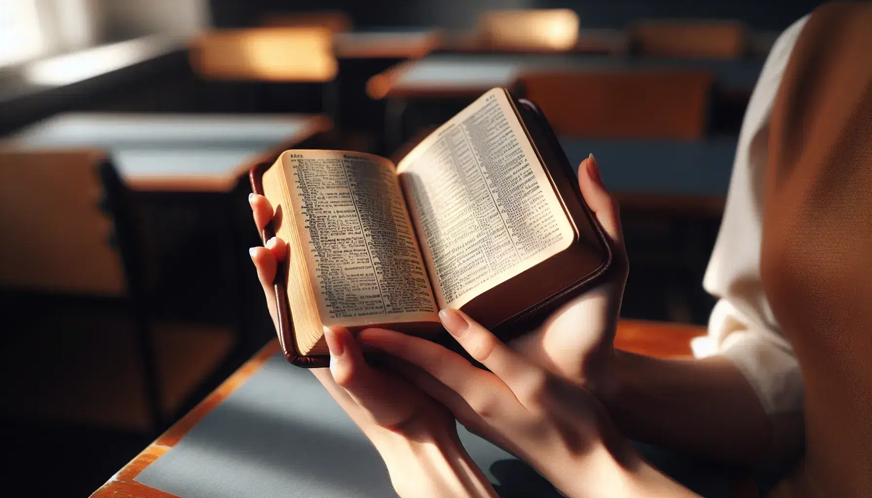 Close-up view of hands cradling an aged French-English dictionary in a softly lit classroom, with indistinct wooden desks and chalkboard in the background.