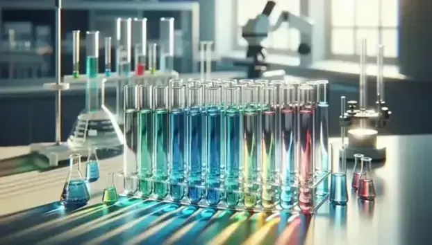Provette in vetro trasparente con tappi bianchi e liquidi colorati su banco di laboratorio, sfondo sfocato con strumenti scientifici e microscopio.