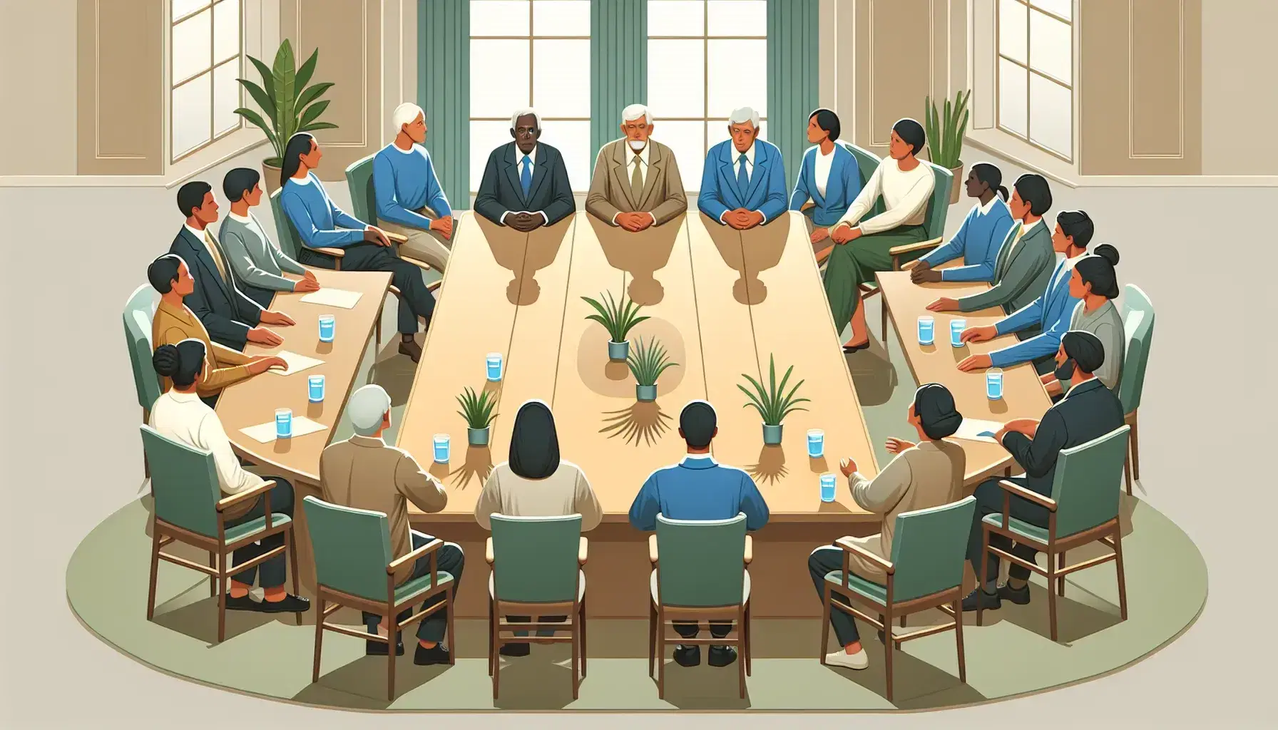 Diverse group seated around oval table in a meeting, with an elderly leader speaking, in a neutral-toned room with green plants, showing varied reactions.
