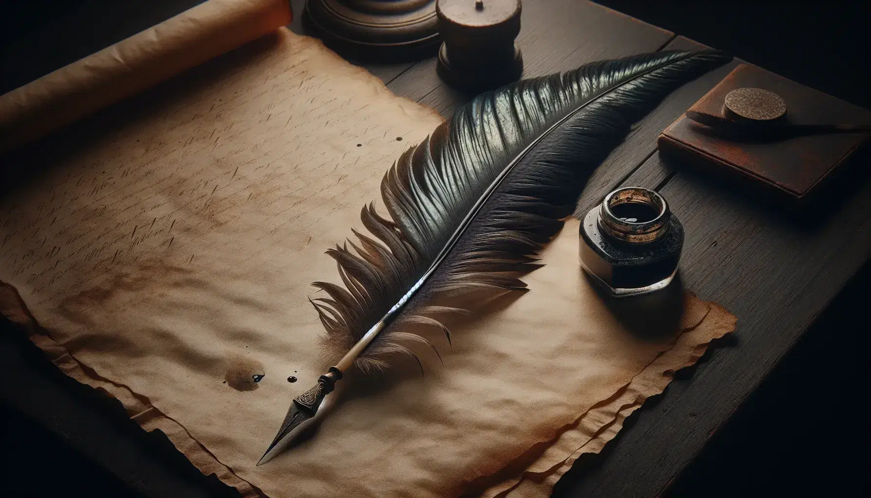 17th-century quill pen on blank parchment with inkwell and candlestick on a wooden desk, evoking a historical writing scene.