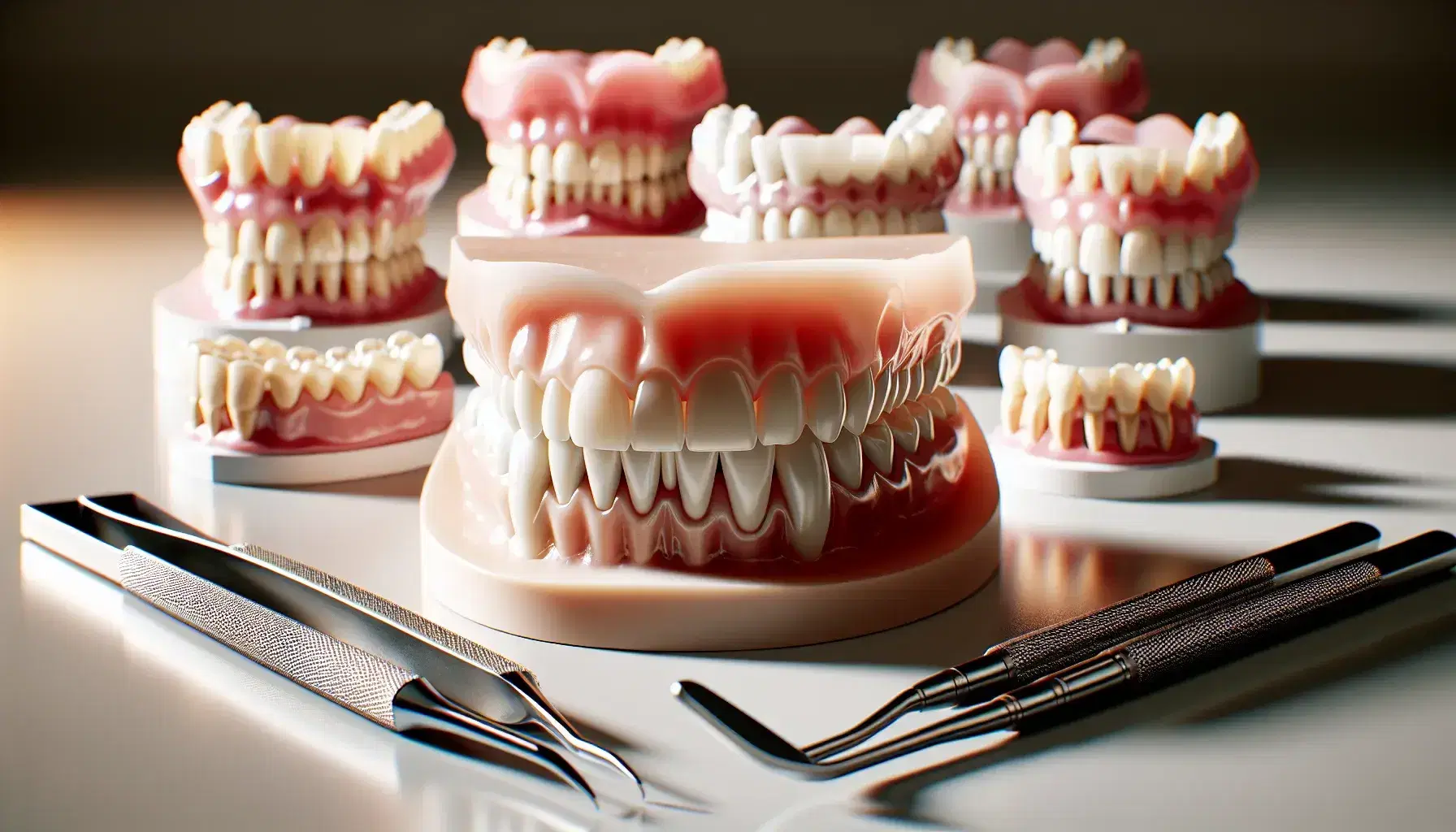 Prótesis dentales completas superiores e inferiores sobre superficie clara con herramientas de odontología, mostrando dientes artificiales blancos y base rosa.