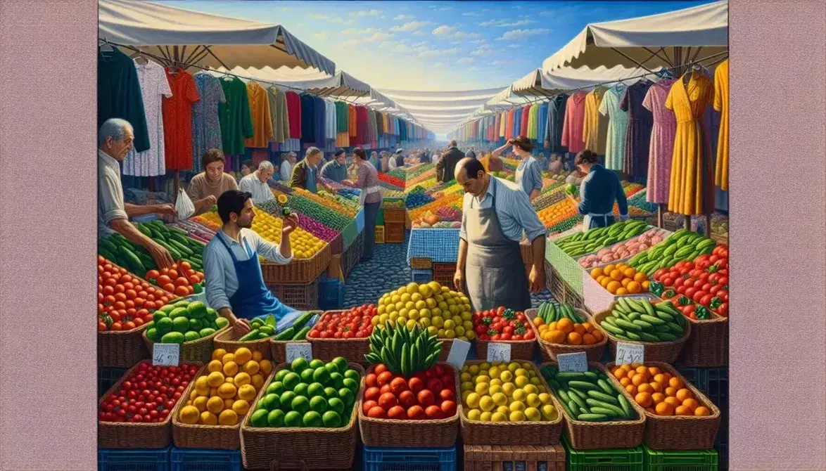 Bustling outdoor marketplace with fresh produce, shoppers examining clothing and shoes, vendor in apron, under a clear sky.