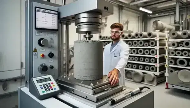 Laboratorio de pruebas de materiales con técnico examinando cilindro de hormigón en máquina de compresión, rodeado de muestras adicionales.