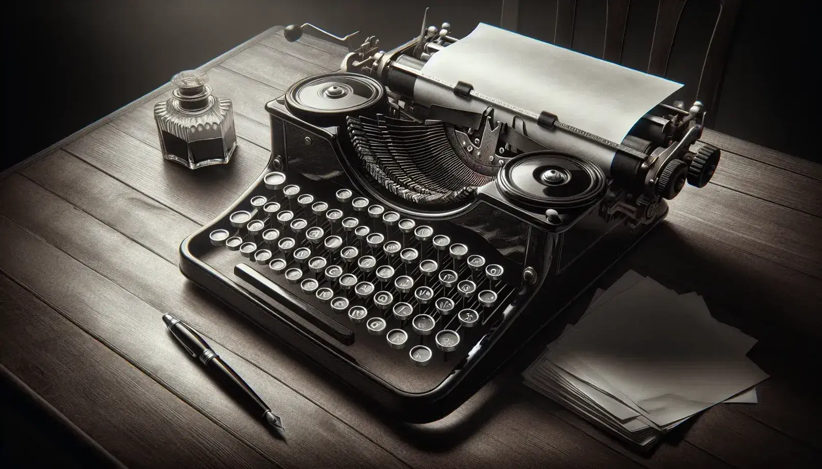 Vintage manual typewriter on a wooden desk with blank paper stack, glass inkwell, and fountain pen, in a softly lit, early 20th-century setting.