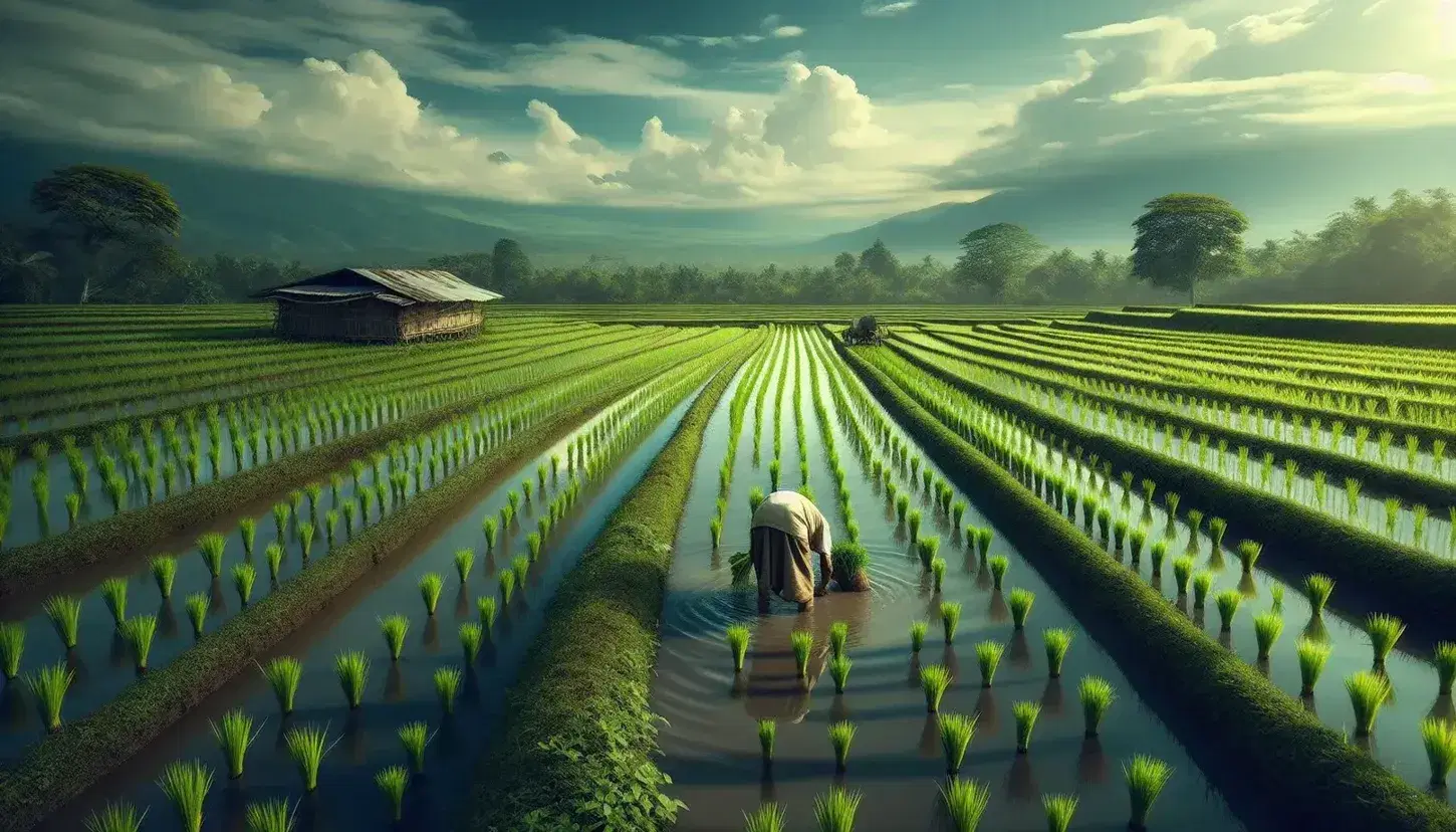 Campo di riso verde con filari ordinati, contadino al lavoro e cielo azzurro con nuvole sparse, senza segni o scritte.