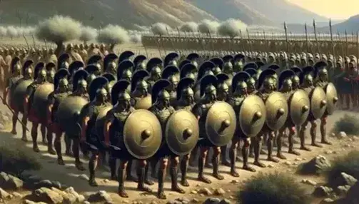 Athenian hoplites in phalanx formation with round shields and spears, bronze helmets, in battle against advancing Spartans in rocky Greek terrain.