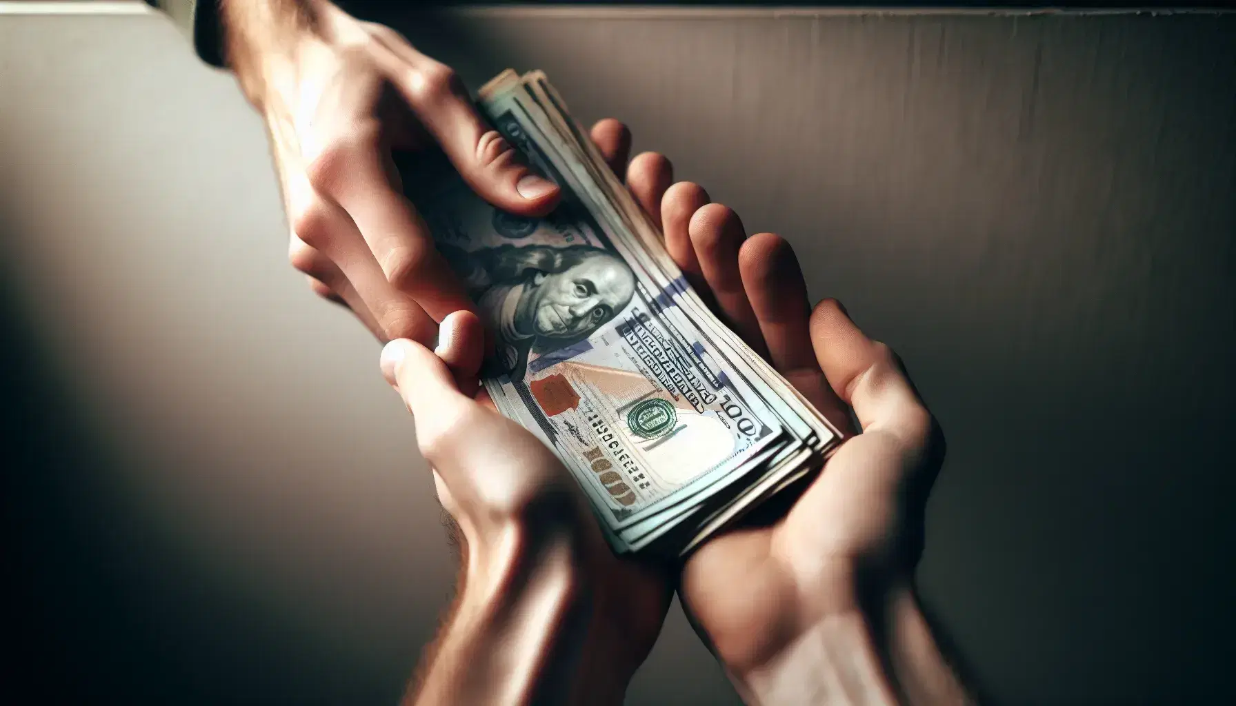 Close-up view of hands exchanging a stack of nondescript banknotes, with one hand supporting from below and the other receiving from above.
