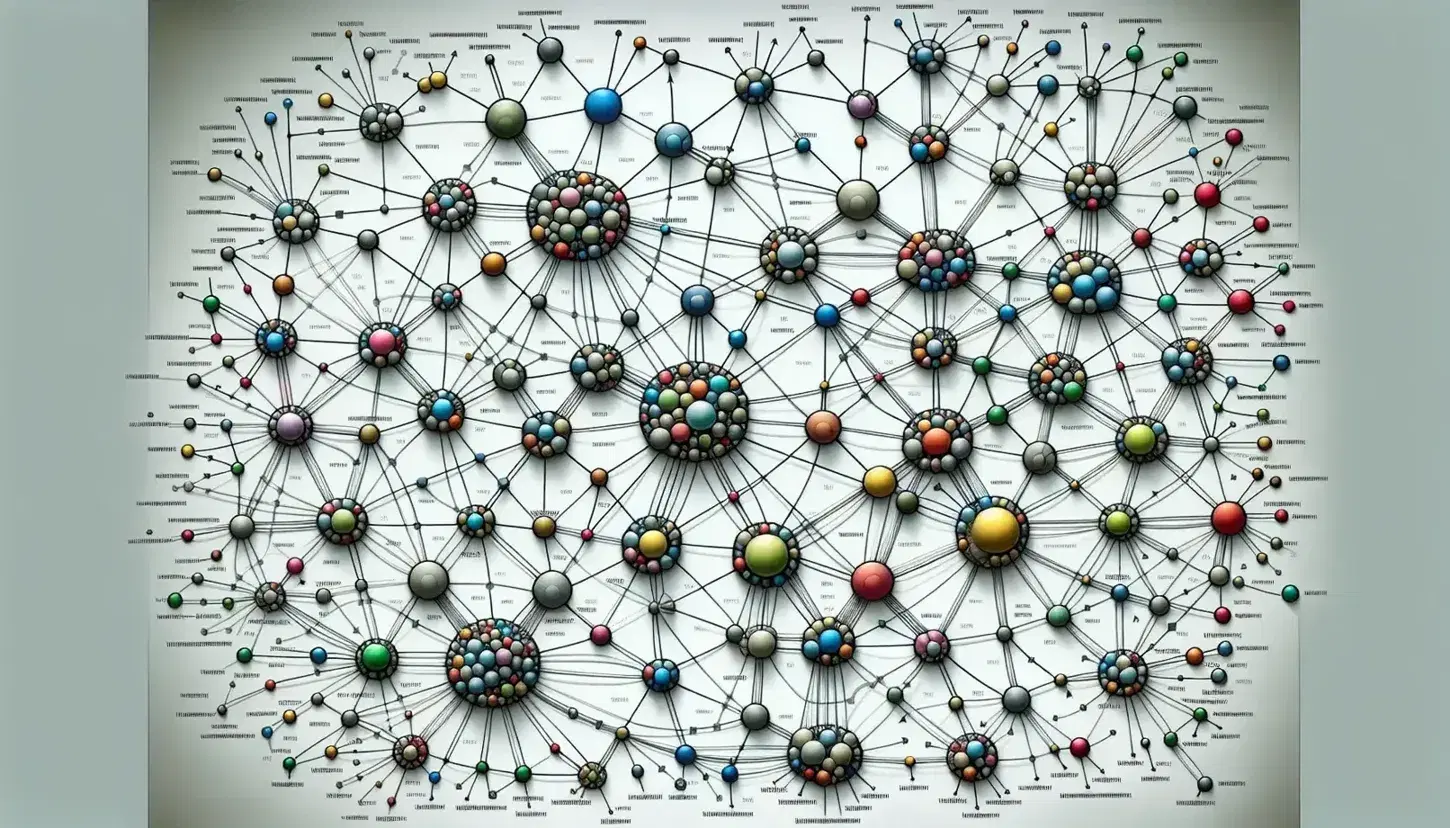 Colorful network diagram with directional arrows connecting a variety of blue, green, red, and yellow nodes on a white background, illustrating a complex system.