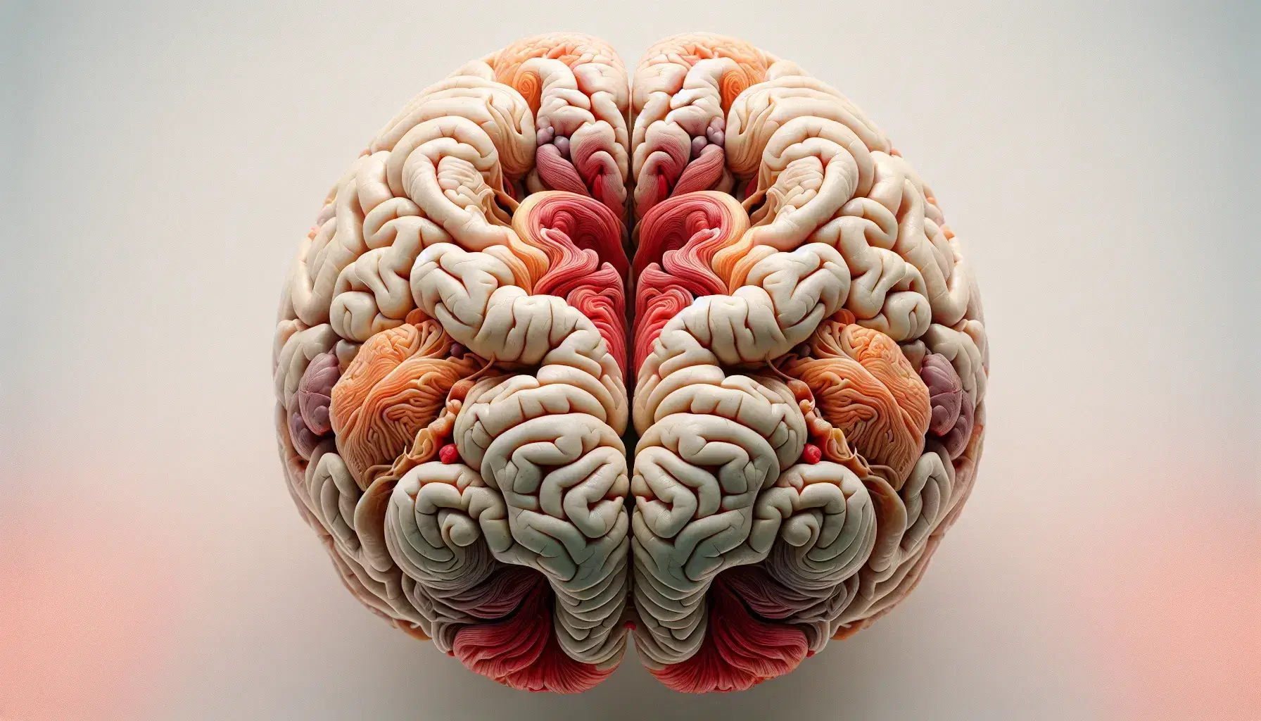 Representación tridimensional detallada del cerebro humano en vista superior, mostrando las texturas y colores que diferencian las áreas cerebrales.