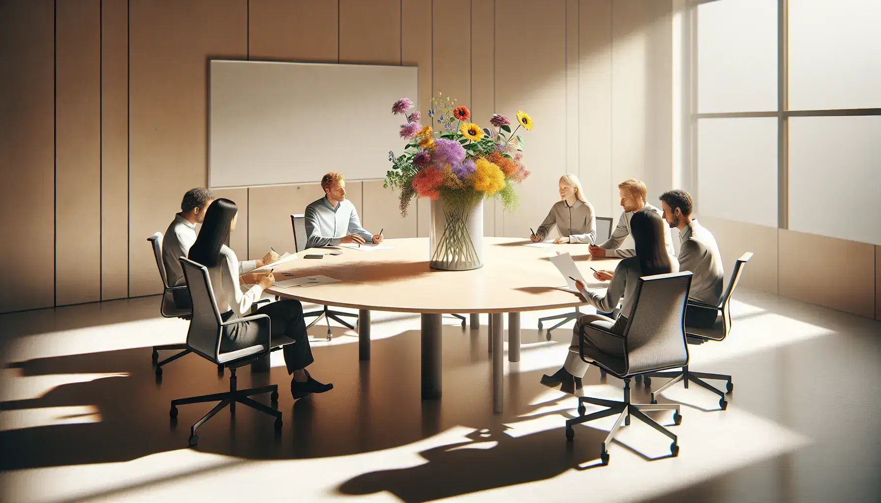 Grupo de siete personas colaborando en una reunión alrededor de una mesa redonda con flores coloridas en un jarrón transparente en una oficina iluminada.