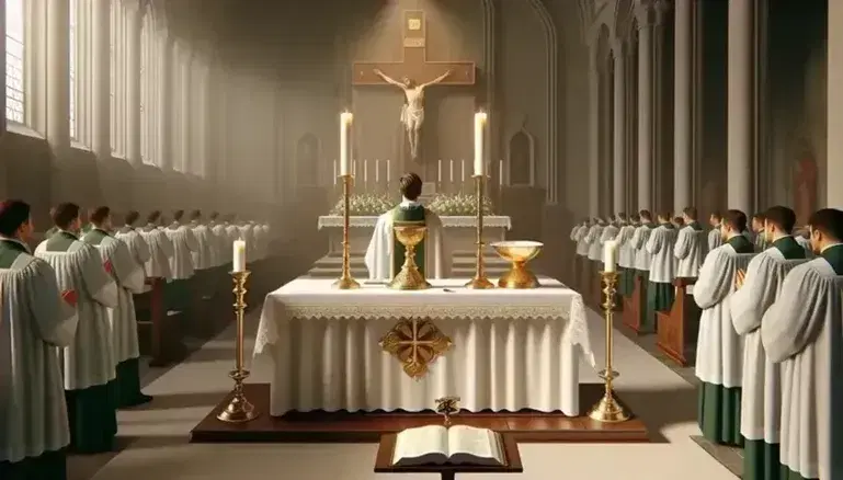 Celebración de la Eucaristía en iglesia católica con altar y cruz, sacerdote en casulla verde y fieles atentos, iluminación suave y candelabros encendidos.