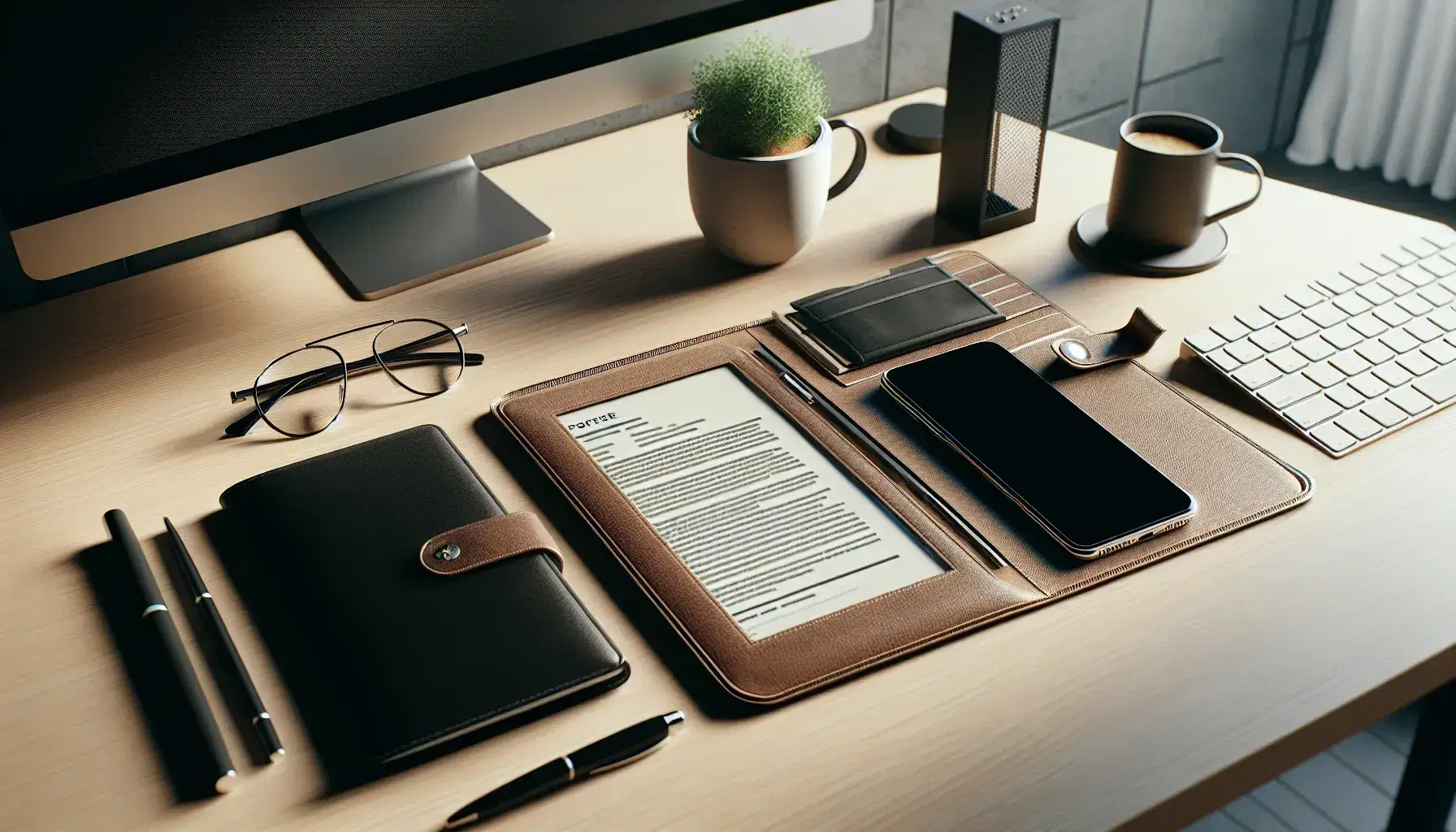 Escritorio de oficina con portafolio de cuero, smartphone, gafas, planta, teclado y taza de café, en ambiente de trabajo organizado.
