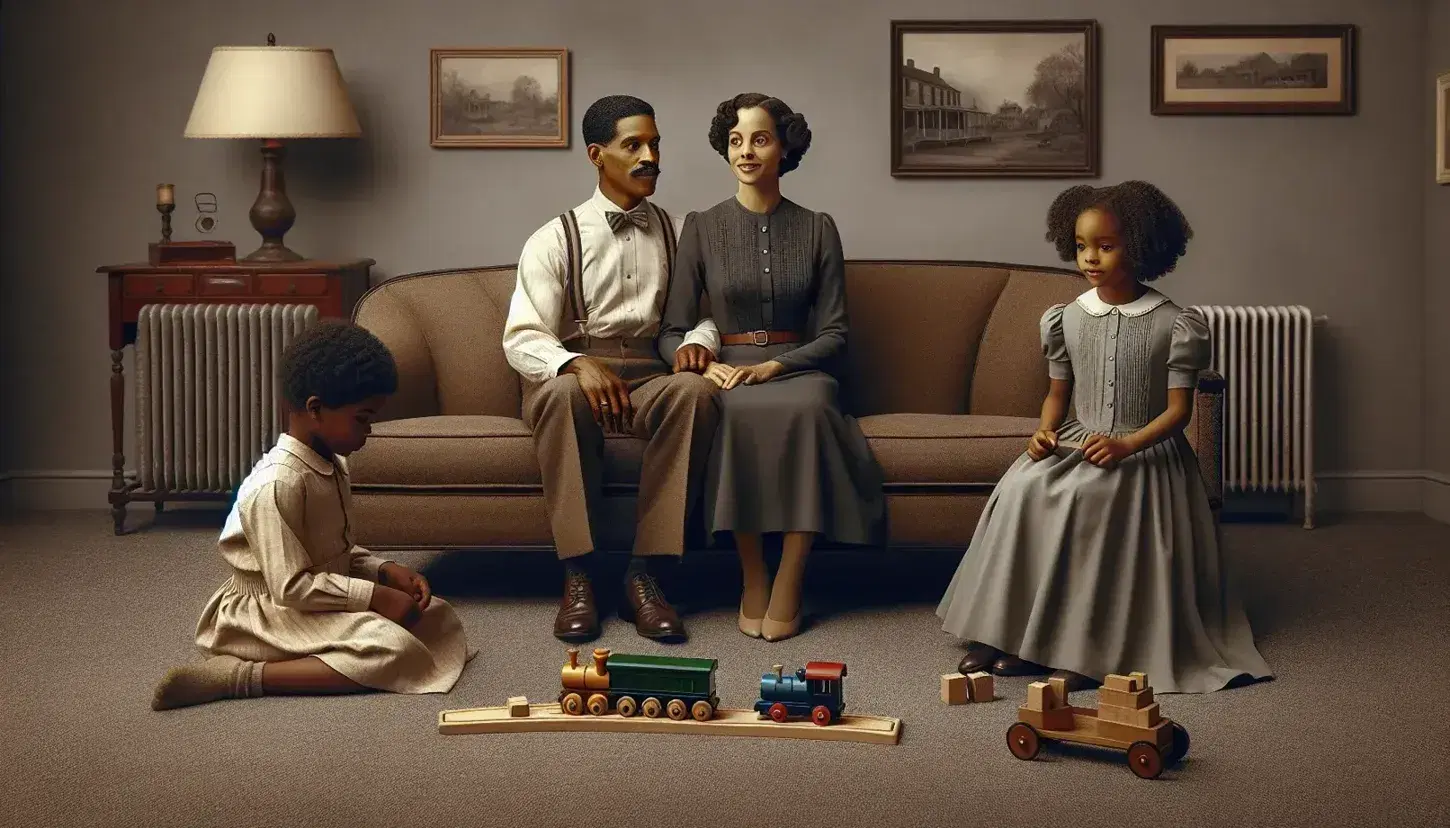Multiethnic family in vintage living room, hispanic man and black woman on sofa, caucasian little girl and middle eastern boy play, retro decor.