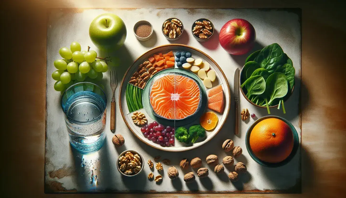Mesa de madera con alimentos saludables incluyendo salmón a la parrilla, uvas verdes, manzana roja, espinacas, nueces, agua y sección de naranja.
