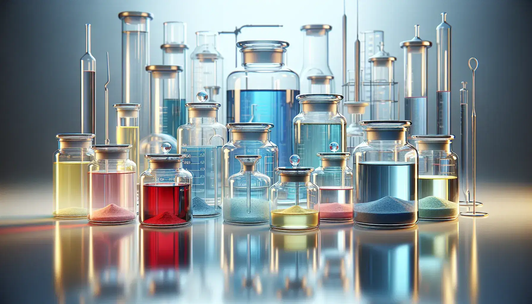 Frascos de vidrio con tapas de colores y sustancias variadas en laboratorio, reflejados en superficie blanca con instrumentos científicos al fondo.
