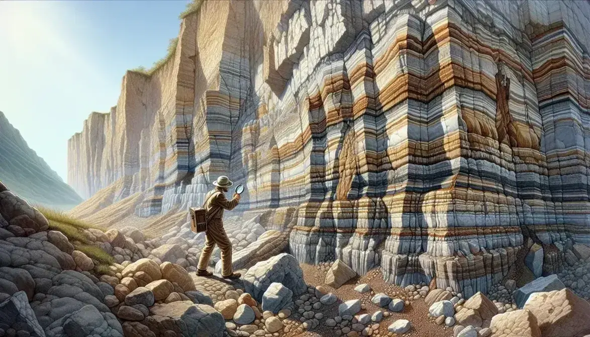 Geólogo examinando estratos de roca sedimentaria con lupa, mostrando capas de diferentes colores y texturas bajo un cielo despejado.