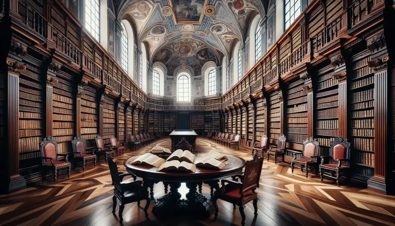 Sala di lettura antica con soffitti affrescati, scaffali in legno scuro pieni di libri antichi e tavolo ovale centrale in una biblioteca storica.