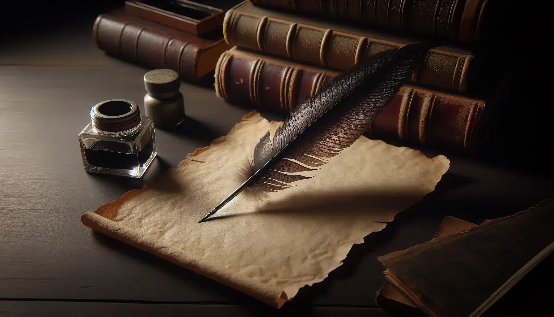 Quill pen on blank handmade parchment with curled edge, beside a half-filled inkwell on a dark wooden desk, with blurred leather-bound books in the background.