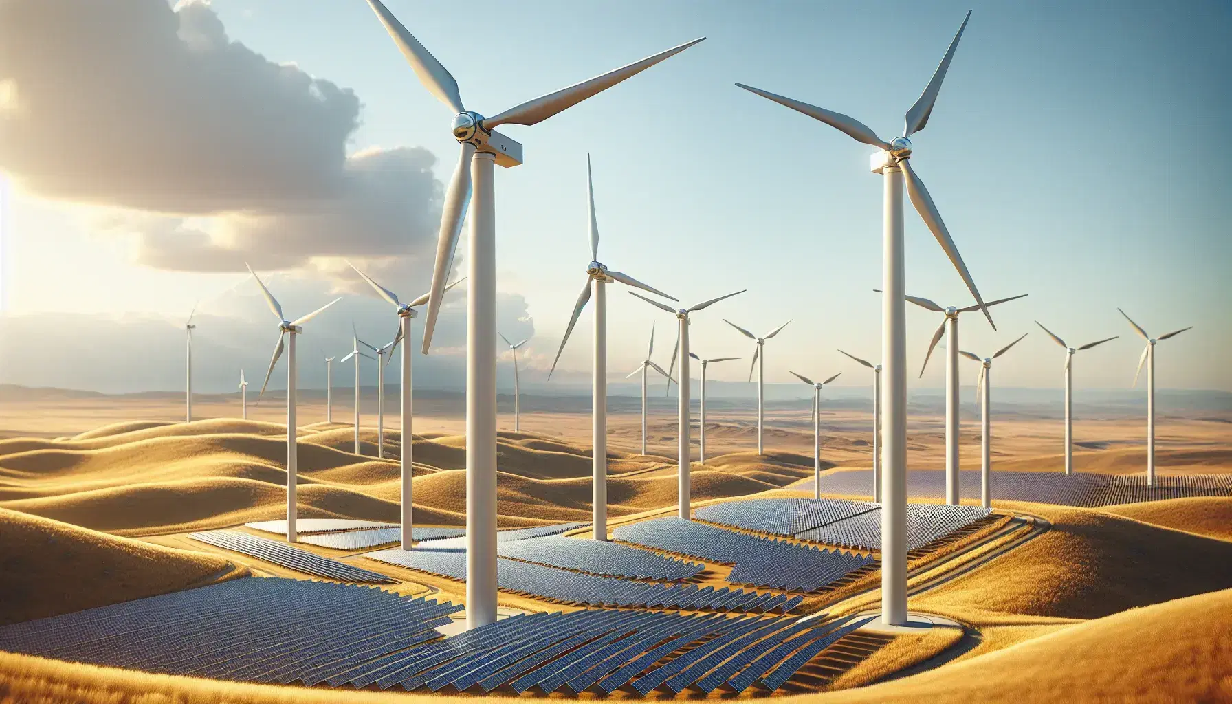 Renewable energy landscape with white wind turbines and solar panels under a clear blue sky, surrounded by rolling golden fields and distant mountains.